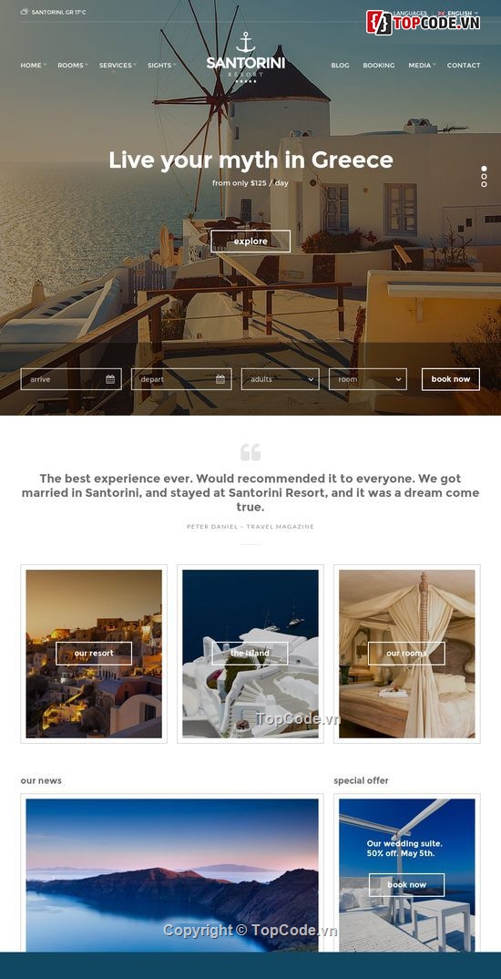 đặt phòng khách sạn,website resort,Theme Wordpress,santorini Theme WP,giao diện website khách sạn